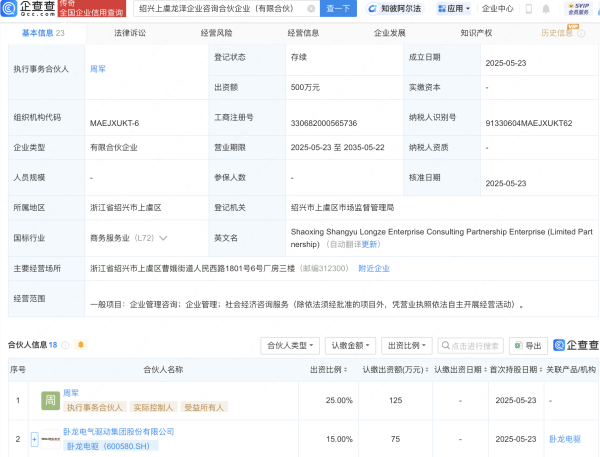 可信的配资平台  卧龙电驱等成立企业咨询合伙企业